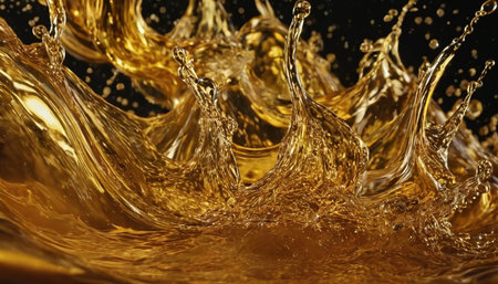 Golden liquid splash on black background. 3d rendering, 3d illustration.の素材
