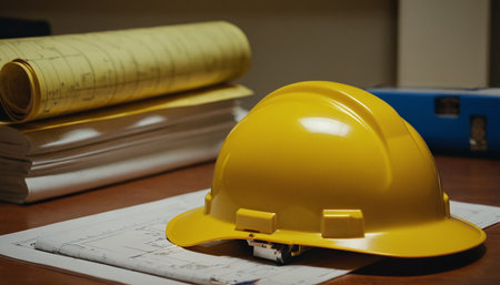 Yellow hard hat on the desk with blueprints and blueprint rolls.の素材