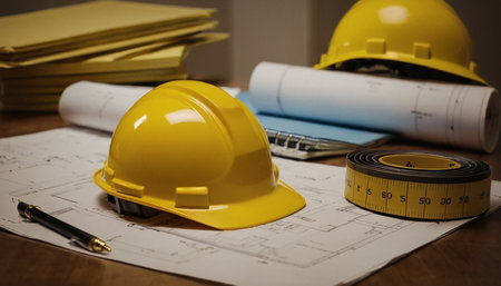 Architectural blueprints and yellow hard hat on the desk.の素材