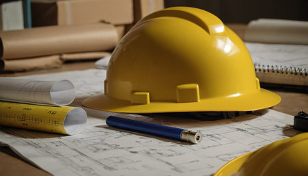 Architectural plans and helmet on the desk of a construction workerの素材
