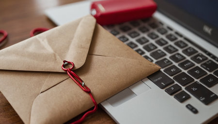 Envelope and laptop on the wooden table. Email marketing concept.の素材