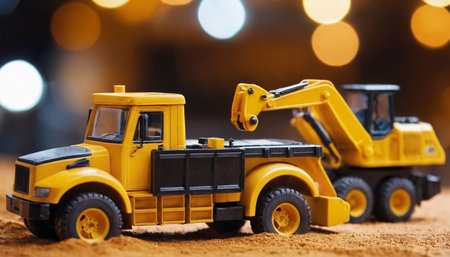 Toy bulldozer on the background of the night city. Toy construction equipment.の素材