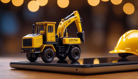 Miniature excavator with yellow safety helmet and mobile phone on wooden tableの素材
