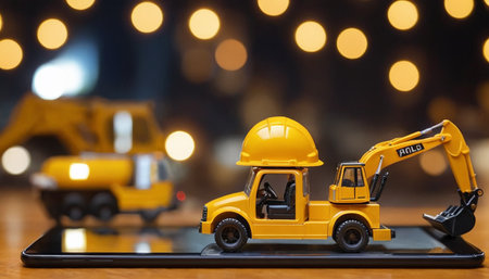 Miniature toy construction machinery on the background of the night city.の素材