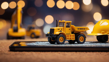 Yellow toy bulldozer with yellow hard hat standing on mobile phone with blurred lights backgroundの素材