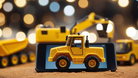 Toy construction machinery on a background of blurred lights. Selective focus.の素材