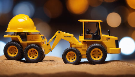 Miniature model of construction equipment on blur bokeh background.の素材