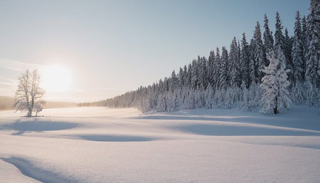 Beautiful winter landscape with snow covered trees and sun on blue skyの素材