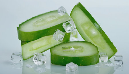 Cucumber slices with ice cubes isolated on white background. Close up.の素材