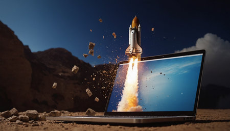 Conceptual image with flying rocket on laptop screen. Mixed mediaの素材