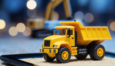 Truck with a construction site on the background of blurred lights.の素材