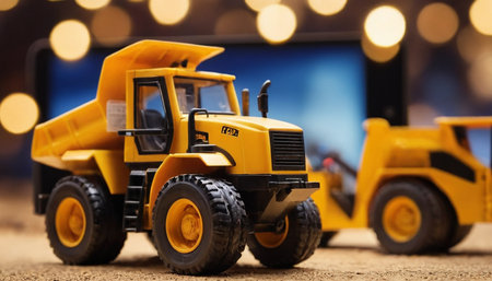 Toy loader truck on the background of a luminous garland.の素材