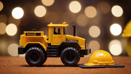 Miniature toy bulldozer with yellow hard hat on brown background.の素材
