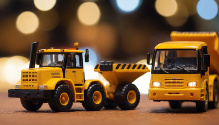 Miniature toy construction truck on blurred lights background. Selective focus.の素材