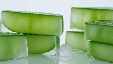 Cucumber slices with ice cubes on white background, close upの素材