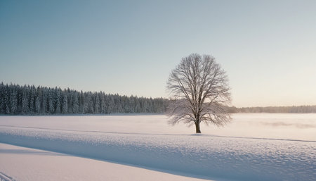 Winter landscape with lonely tree on snowy field. Beautiful nature background.の素材