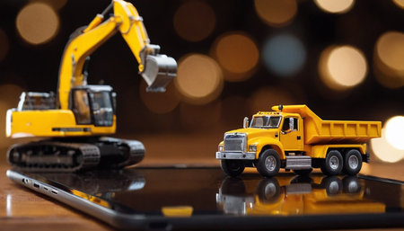 Miniature model of excavator truck with mobile phone on bokeh backgroundの素材