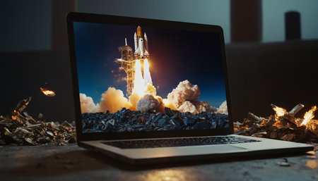 Rocket launch on a laptop. Startup concept. 3d rendering.の素材