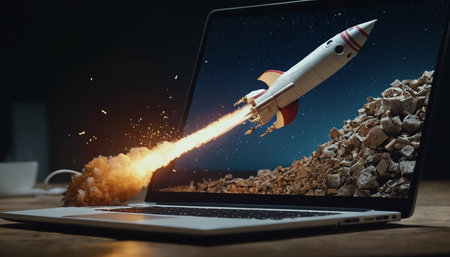 Startup concept with rocket on laptop screen. 3D Renderingの素材