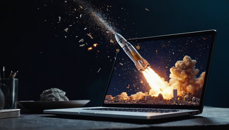 Rocket flying out of a laptop screen. Start up business concept.の素材