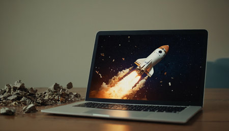 Laptop with flying rocket on wooden table. 3d rendering.の素材
