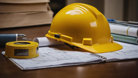 Standard construction safety equipment including hard hat, rolled up blueprints and tape measure on wooden desk.の素材