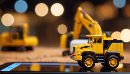 Miniature model of excavator truck with smart phone on blurred backgroundの素材