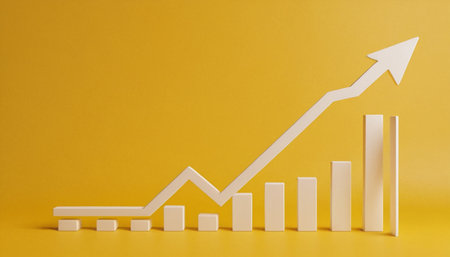 3d rendering of white graph with arrow on yellow background. Business growth concept.の素材