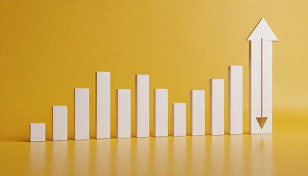 Graph of growth with arrow on yellow background. 3D rendering.の素材