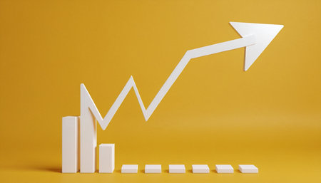 Business graph with arrow on yellow background. 3d render illustration.の素材