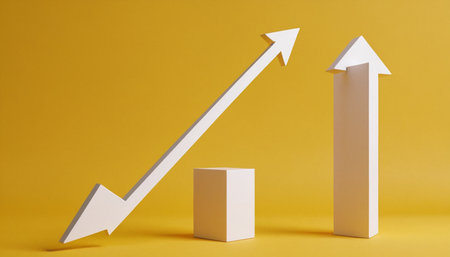 Business graph with arrow up on yellow background. 3d rendering.の素材