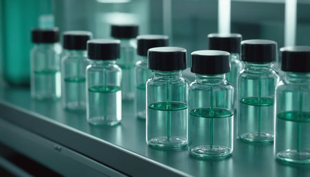 Medical vials on a conveyor belt in a modern laboratory.の素材