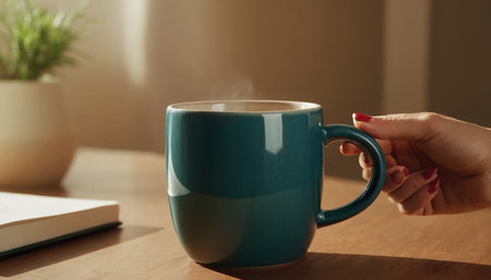 Close up of female hand holding blue cup of coffee on wooden tableの素材