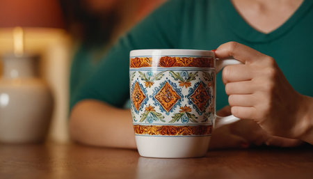 Woman with cup of coffee at table, closeup. Home interiorの素材