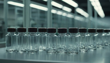 Laboratory glassware in row on conveyor belt, closeupの素材