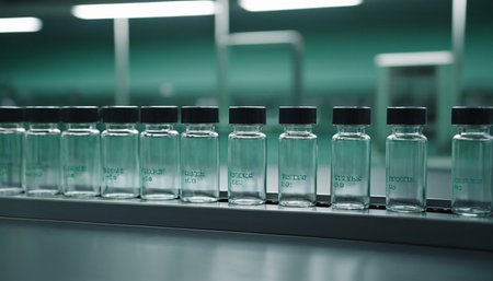 Glass vials with liquid on the conveyor belt in the laboratoryの素材