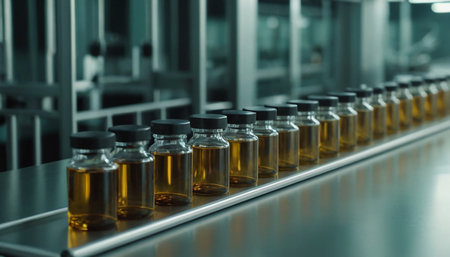 Laboratory glassware containing urine sample in test tubes on conveyor beltの素材