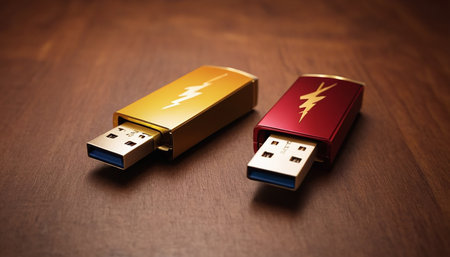 Usb flash drive on wooden background. 3d rendering. Computer digital drawing.の素材