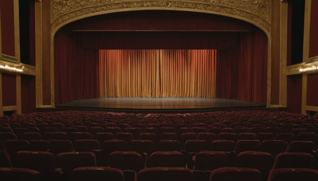 Theater auditorium with red seats and a large screen with spotlightsの素材
