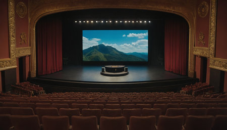 Cinema auditorium with seats and red curtains and a view of the mountainsの素材