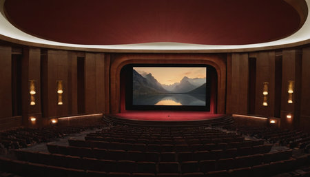 3D rendering of the interior of a theater with a view of mountainsの素材