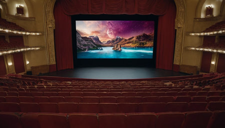 Cinema auditorium with seats and a view of the lakeの素材