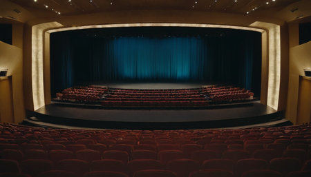 Cinema auditorium with red seats and a view of the screenの素材