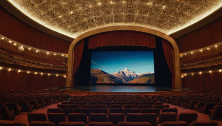 The auditorium of the theater with a beautiful view of the mountainsの素材