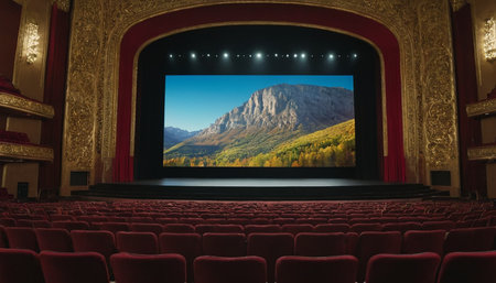 Empty cinema auditorium with view of the mountains. 3d renderingの素材