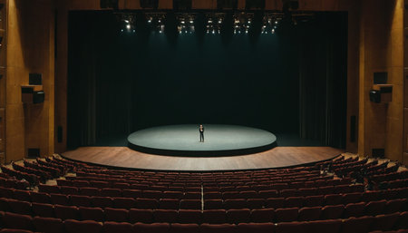 Theater auditorium with empty seats and a man standing on the stageの素材