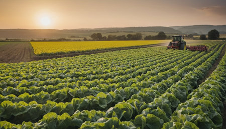 Tractor spraying pesticides on a field of cabbage in the morning lightの素材