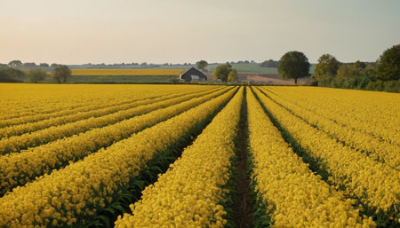 Aerial view of a field of colza flowers in the countrysideの素材