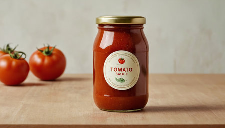 Tomato sauce in a glass jar.の素材
