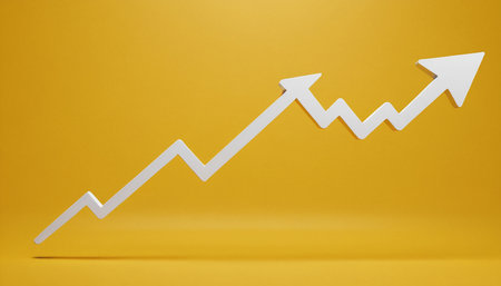 Highly rendering of white arrow graph on yellow background with copy spaceの素材